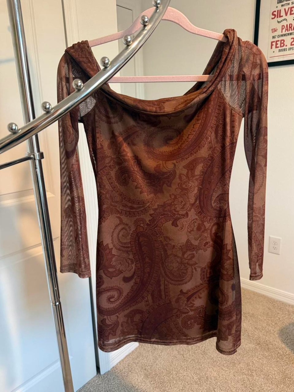 Urban Outfitters Brown Paisley Sheer Long-Sleeve Mini Dress